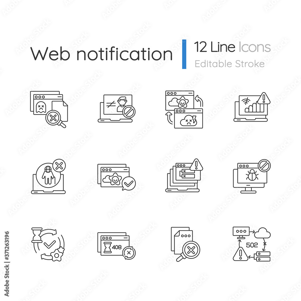 Web notifications linear icons set. Different HTTP status codes customizable thin line contour symbols. Internet websites responses. Isolated vector outline illustrations. Editable stroke
