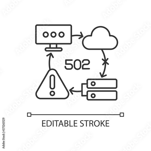 Bad gateway notification linear icon. Website access failure. HTTP status code, 502 error message thin line customizable illustration. Contour symbol. Vector isolated outline drawing. Editable stroke