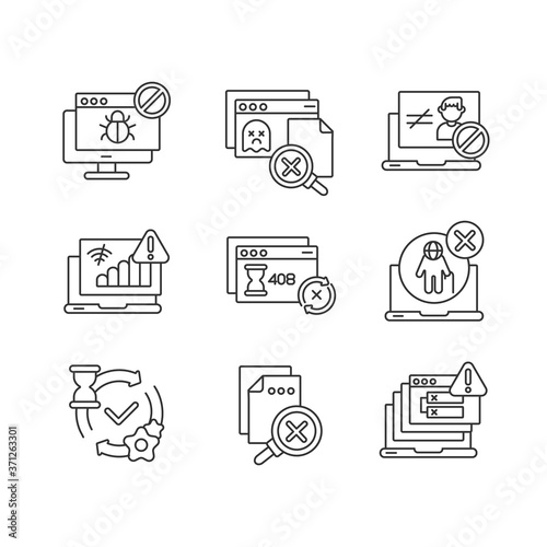 Internet connection linear icons set. Various web pages errors and notifications customizable thin line contour symbols. Network status. Isolated vector outline illustrations. Editable stroke