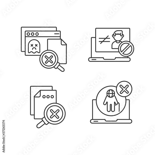Website errors linear icons set. Unauthorized access, version not supported, page not found, no results customizable thin line contour symbols. Isolated vector outline illustrations. Editable stroke