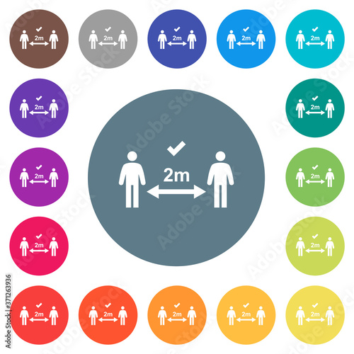 Correct social distancing flat white icons on round color backgrounds