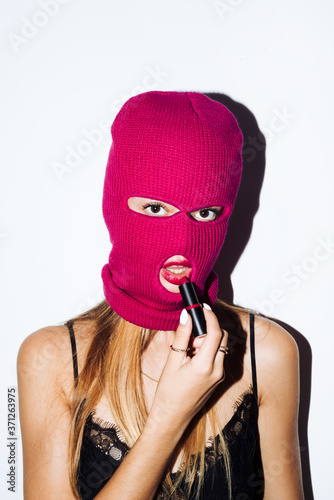Masked woman with lipstick