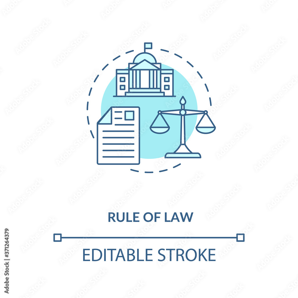 Rule of law concept icon. Principle of law idea thin line illustration. Constitutionalism. Supreme court. Political rights. Vector isolated outline RGB color drawing. Editable stroke