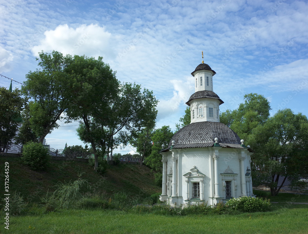 White Chapel of the Pyatnitsky well with holy spring inside. Russia, Sergiev Posad