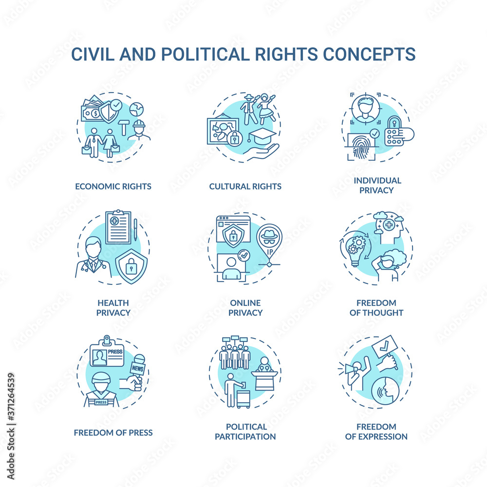 Civil and political rights concept icons set. Fundamental human rights idea thin line RGB color illustrations. Cultural and economic rights. Health privacy. Vector isolated outline drawings