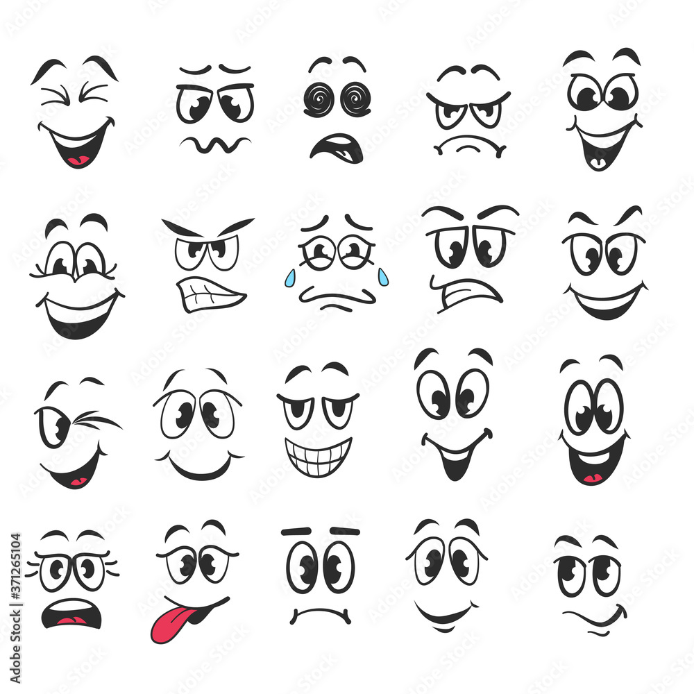 Cartoon faces. Expressive eyes and mouth, smiling, crying and surprised character face expressions. Caricature comic emotions or emoticon doodle. Isolated vector illustration icons set Cartoon faces. Expressive eyes and mouth, smiling, crying and surprised character face expressions. Caricature comic emotions or emoticon doodle. Isolated vector illustration icons set