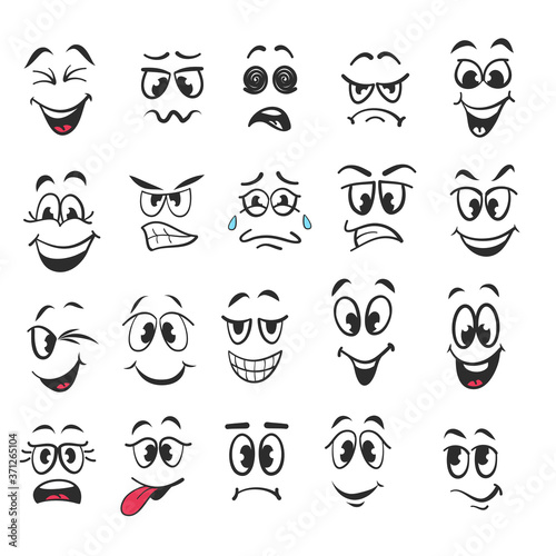 Cartoon faces. Expressive eyes and mouth, smiling, crying and surprised character face expressions. Caricature comic emotions or emoticon doodle. Isolated vector illustration icons set