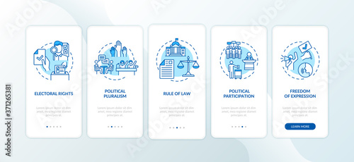 Political rights onboarding mobile app page screen with concepts. Electoral rights. Rule of law. Walkthrough 5 steps graphic instructions. UI vector template with RGB color illustrations