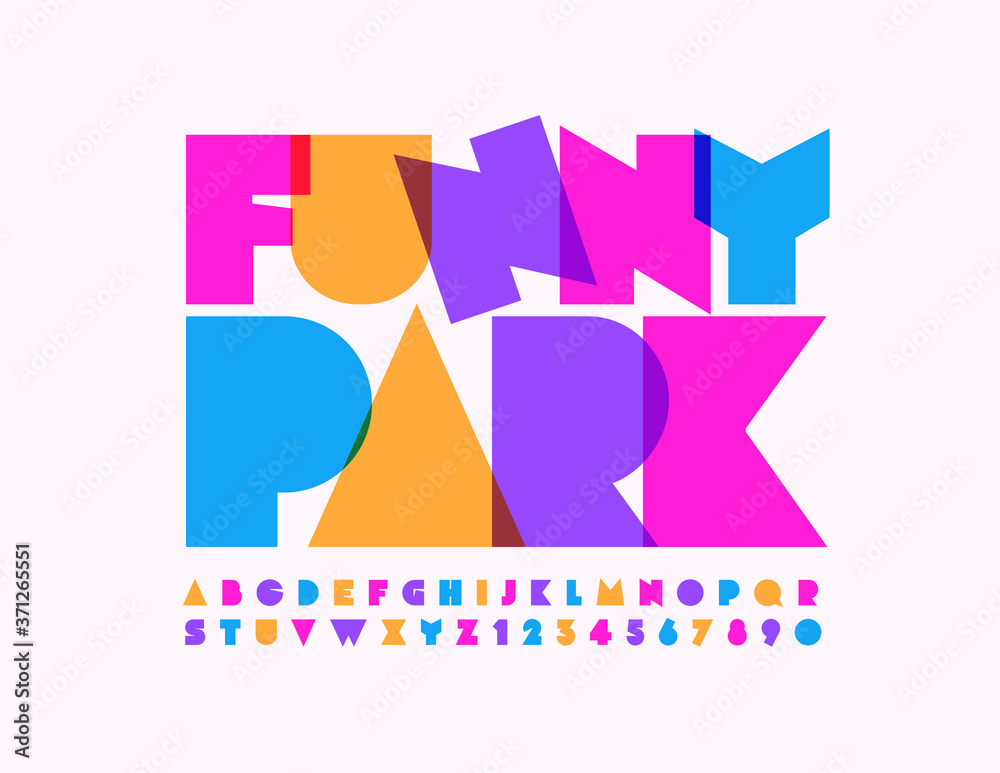 Vector playful sign Funny Park with Abstract bright Font. Colorful creative Alphabet Letters and Numbers