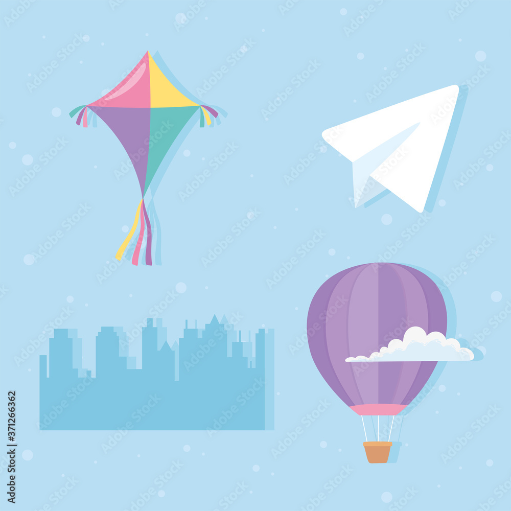 sky kite hot air balloon cloud paper plane and cityscape icons