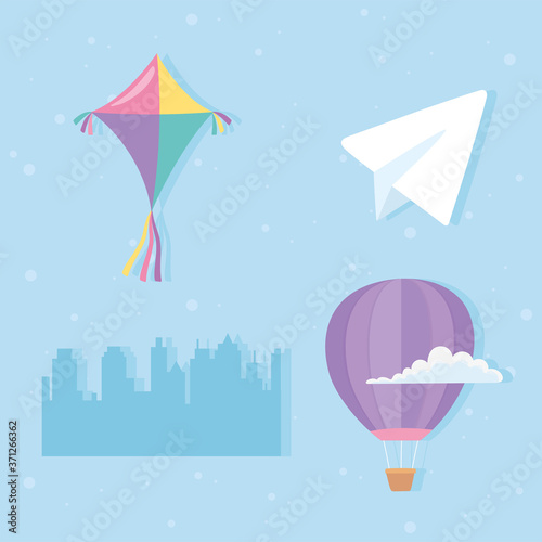 sky kite hot air balloon cloud paper plane and cityscape icons