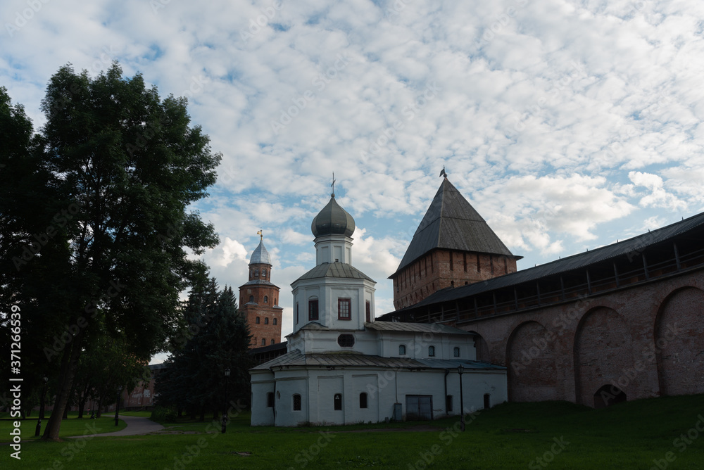 Veliky Novgorod.Novgorod Kremlin.Pokrovskaya Church, Kokuy and Pokrovskaya Towers.Great Novgorod