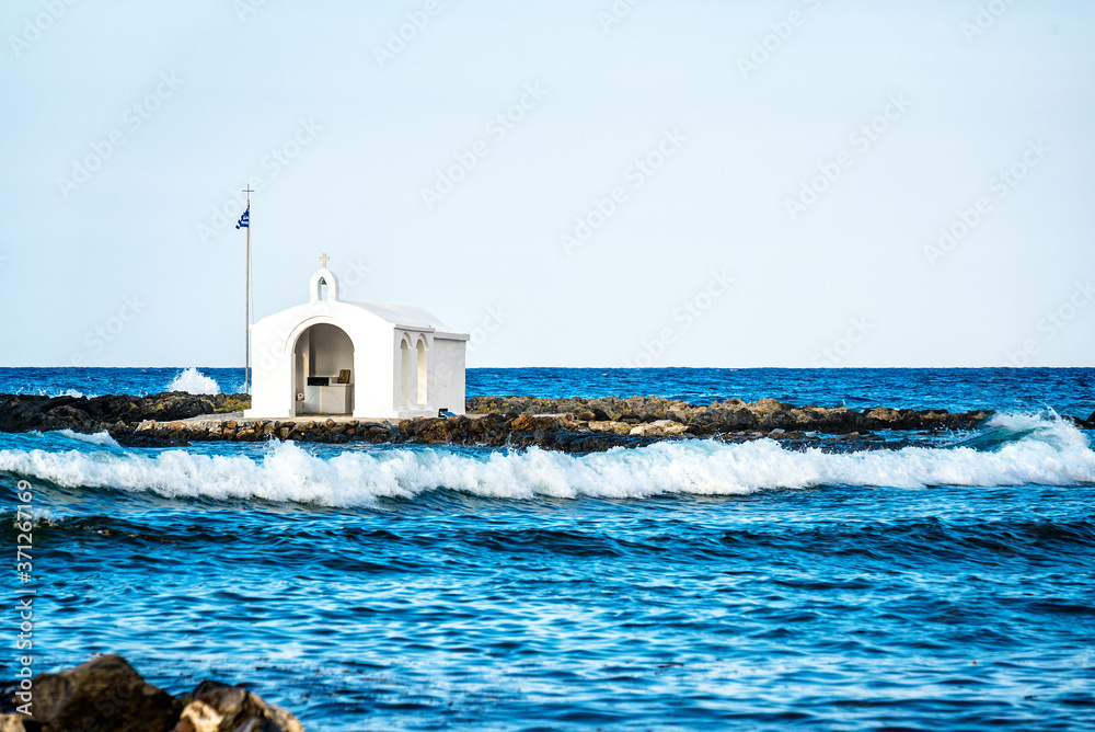 Church in the middle of the sea, Agios Nikolaos (Saint Nicholas) church, Georgoupoli in Crete, Greece