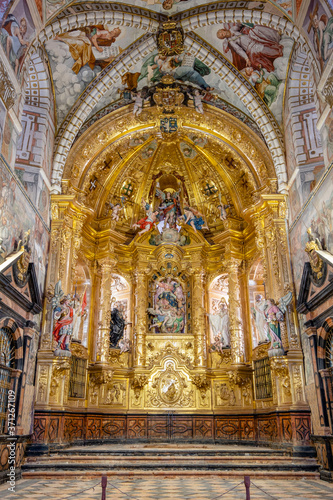 Retablo de la iglesia, monasterio de Santa María la Real de Huerta, construido entre los siglos XII y XVI, Santa María de Huerta, Soria, comunidad autónoma de Castilla y León, Spain, Europe