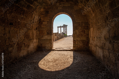stone vault in the form of a tunnel with access to the light and an antique arch in the opening