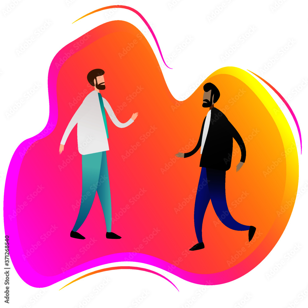 People greeting each other, couple of friends talking, people meeting. Editable illustration, vector, template. 