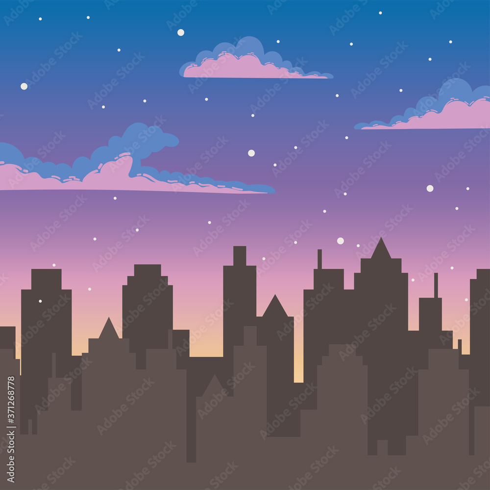 night sky stars clouds silhouette urban city buildings