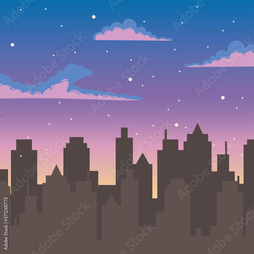 night sky stars clouds silhouette urban city buildings