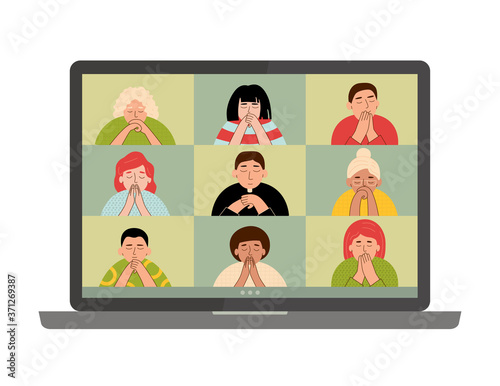Online church. People praying with video conference