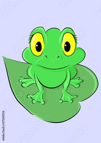 Cartoon green frog sitting on a leaf hand drawn vector illustration
