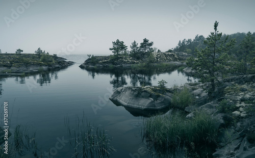 Small forested rocky islands in the fog