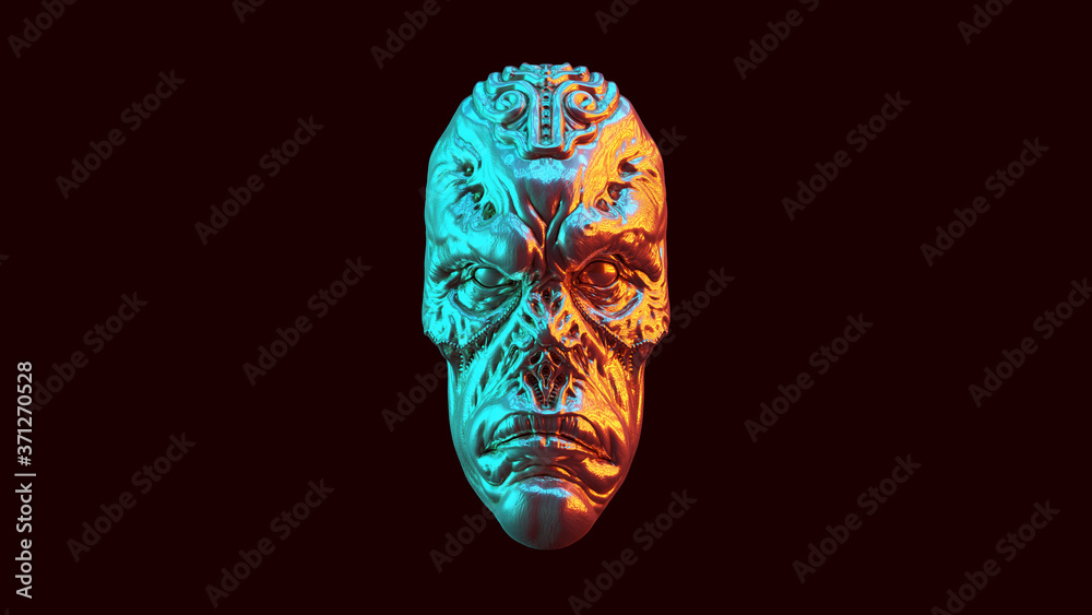 Naklejka premium Antique Silver Alien Face with Red Orange and Blue Green Moody 80s lighting 3d illustration 3d render