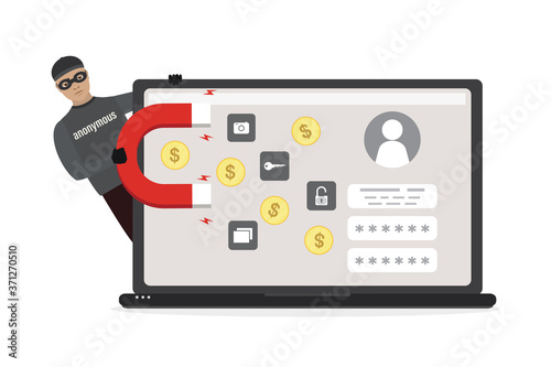 Anonymous holds magnetic and attract or steal login, password and data. Spamming, hacker attack. User profile on laptop screen