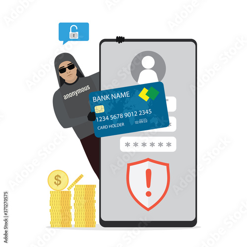 Hacker steals passwords, money and credit card information. Mobile phone with ineffective antivirus. Data protection concept.