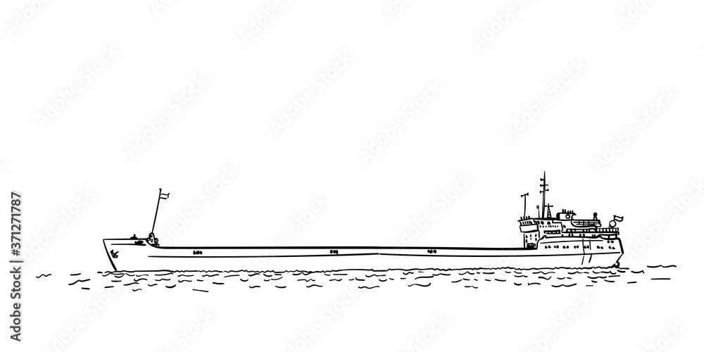 Drawing of Oil tanker empty side view, Cargo ship Freight Transportation, Shipping, Vector sketch Hand drawn illustration isolated, Logistics