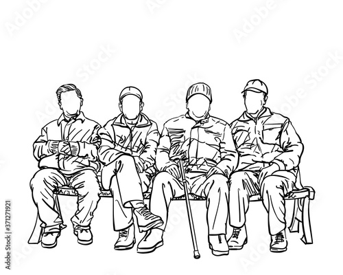 Drawing of four old men friends sitting on bench near to each other  many people no face  Vector sketch Hand drawn line illustration