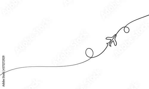 One line drawing airplane flight route, Hand drawn vector minimalist Continuous line illustration