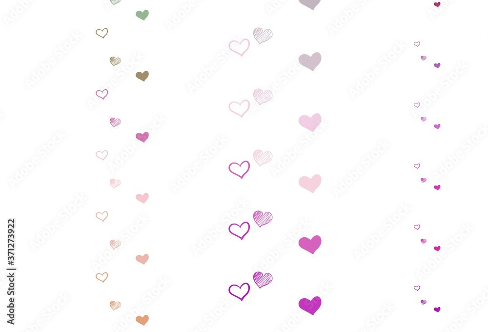 Light Pink, Green vector pattern with colorful hearts.