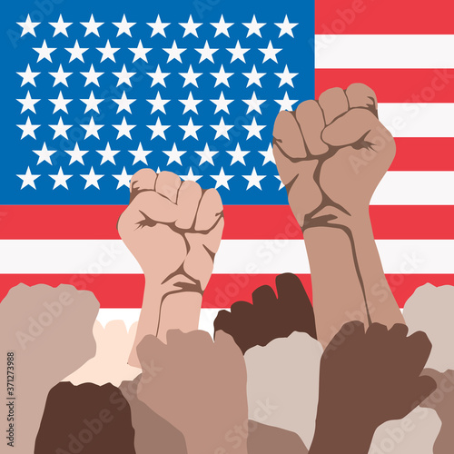 fists up, hands on the background of the flag of USA,