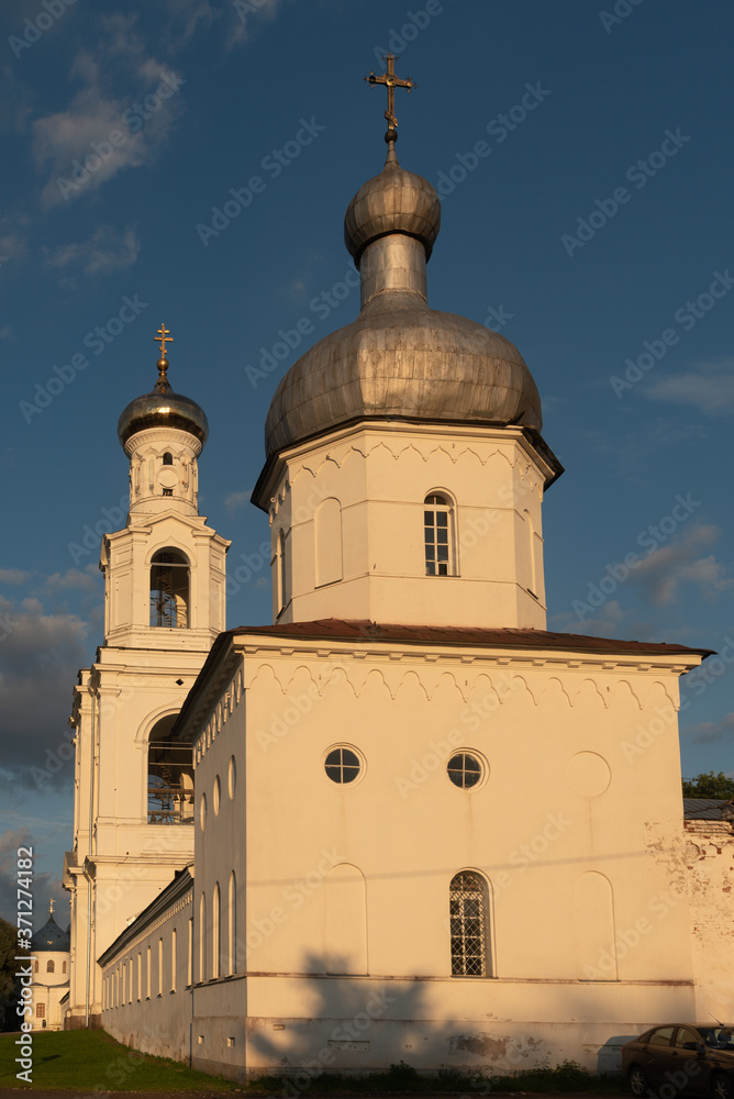 Veliky Novgorod. Yuriev Monastery. Archimandrite building and bell tower. Summer view.Great Novgorod