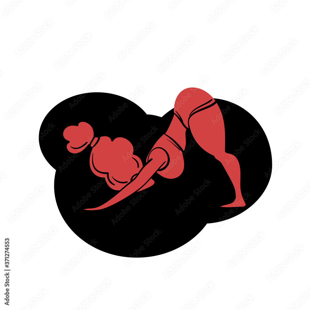 Plus size yoga woman, Lady with curly hair home workout body positive. Lash lava color vector illustration on black abstract shape. Downward facing dog asana Ado mukha svanasana. Fitness, healthy life Plus size yoga woman, Lady with curly hair home workout body positive. Lash lava color vector illustration on black abstract shape. Downward facing dog asana Ado mukha svanasana. Fitness, healthy life