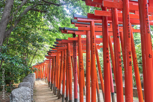 Series of red doors or torii in a japanese temple or shrine