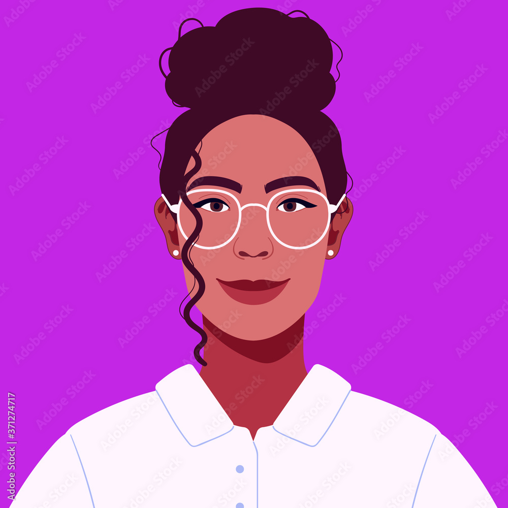 Portrait of a beautiful female office worker. Confident young woman in business attire with glasses. Happy student with curly hair are smiling. Social network profile avatar. Contemporary flat design. Portrait of a beautiful female office worker. Confident young woman in business attire with glasses. Happy student with curly hair are smiling. Social network profile avatar. Contemporary flat design.