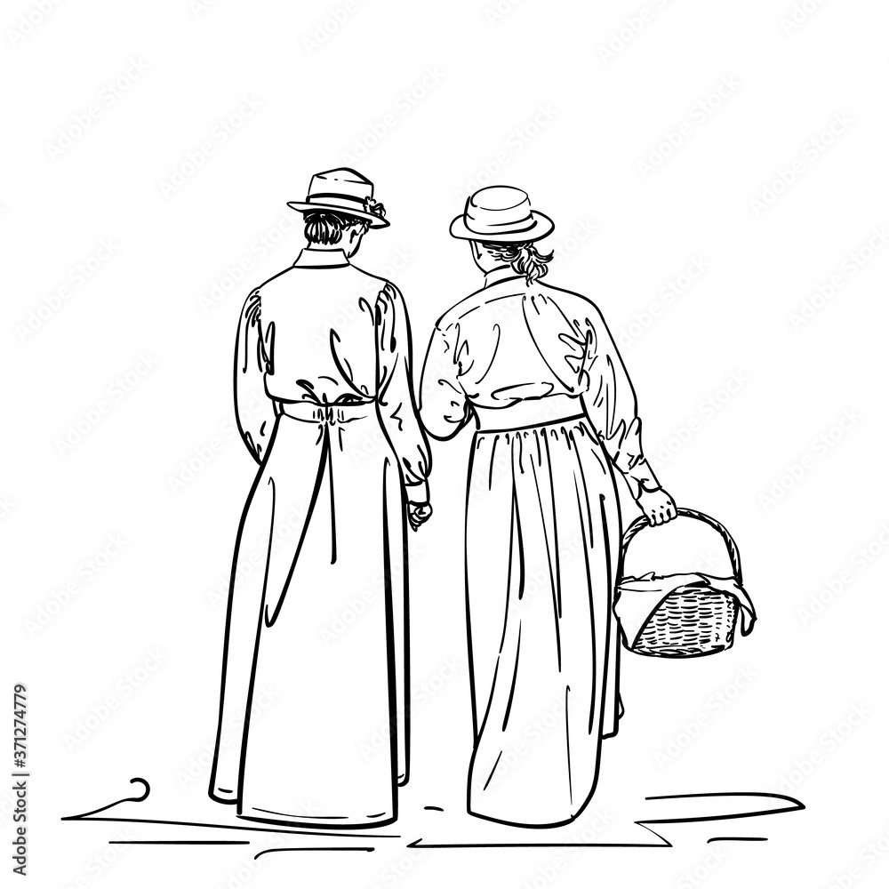Drawing of two girls in old-fashion retro dress walking away, Women in vintage costumes and straw hats one is carrying basket, Hand drawn Vector line illustration