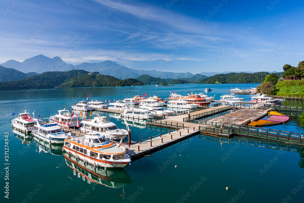 Yachts Marina at Sun Moon Lake in the morning, the famous attraction in Taiwan, Asia.
