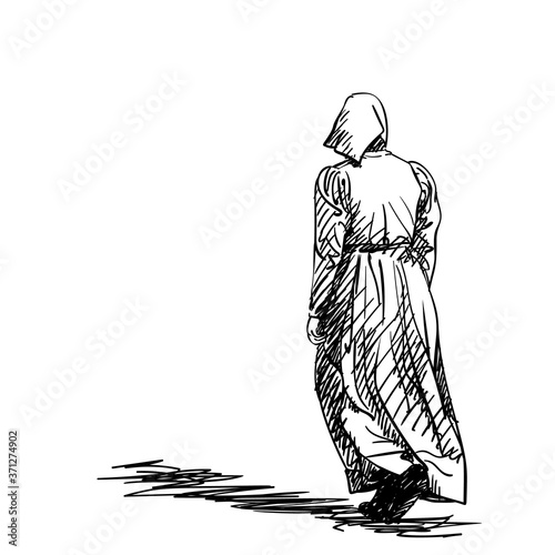 Drawing of a girl in old-fashion retro peasant dress walking away, back view, Woman in vintage rural clothes, Hand drawn Vector illustration