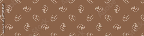 Seamless background dinosaur fossil foot print gender neutral baby border pattern. Simple whimsical minimal earthy 2 tone color. Kids nursery decor edging fashion ribbon trim.