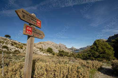 GR221 signpost, Cuber valley, Fornalutx, Mallorca, Balearic Islands, Spain