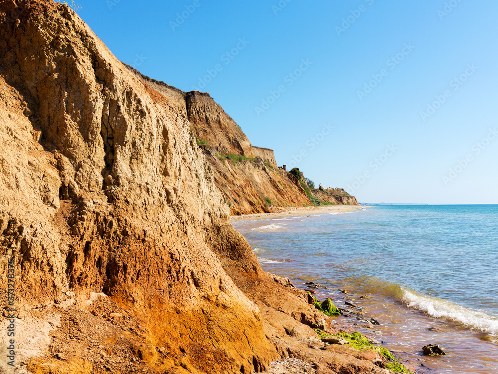 Landslide zone on Black Sea coast. Zone of natural disasters during rainy season. Large masses of earth slip along slope of hill, destroy houses. Landslide - threat to life