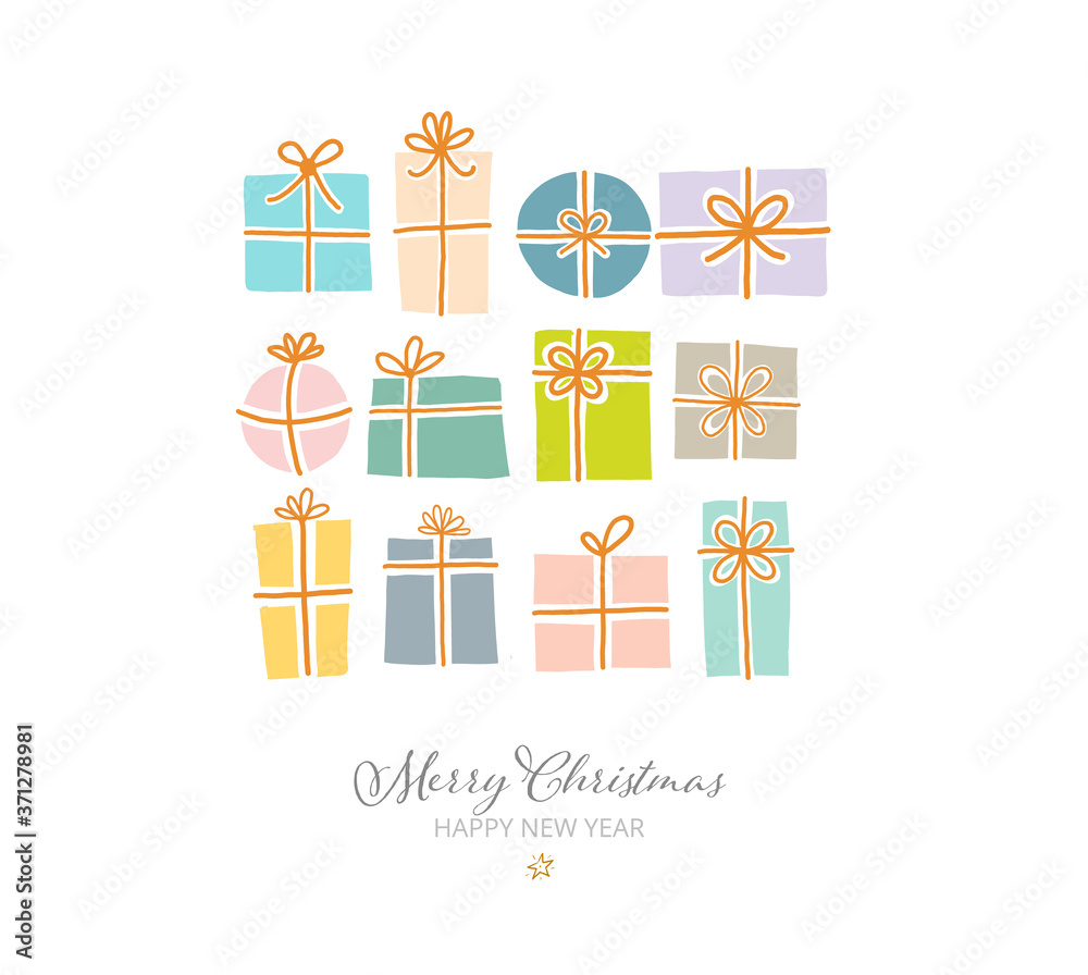 Christmas greeting card with gift boxes on white background.