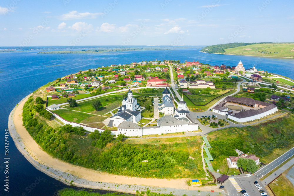 Beautiful panoramic view of the old Russian city Sviyazhsk from above The Assumption Cathedral and Monastery in the town-island of Sviyazhsk. UNESCO world heritage in Russia