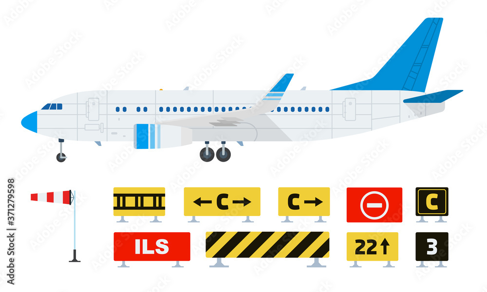 Set of warning prohibiting road signs and airplane vector flat icon isolated