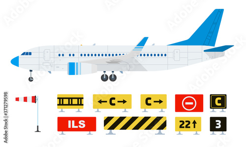 Set of warning prohibiting road signs and airplane vector flat icon isolated