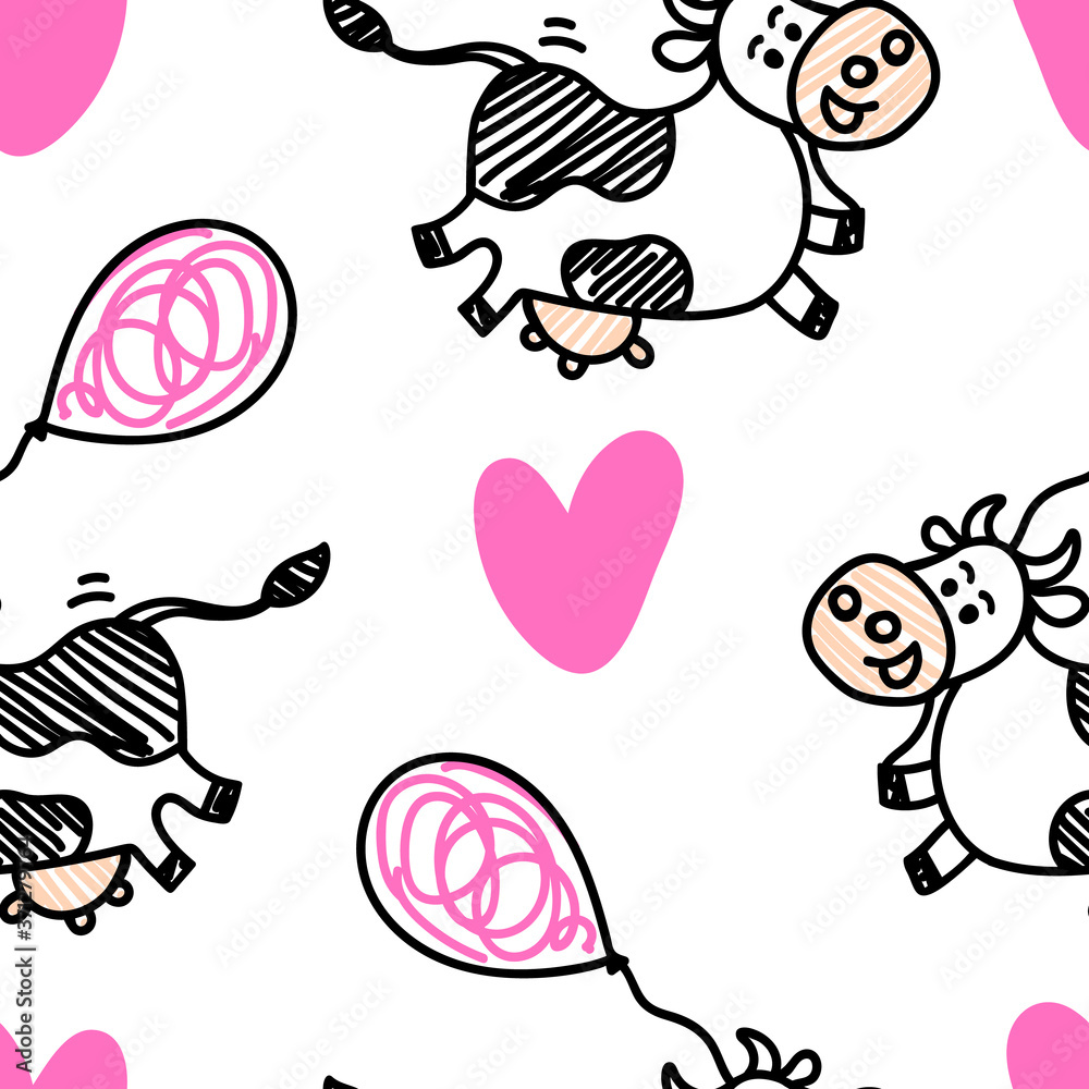 Seamless vector cute Friesian cow girlish pattern in sketch doodle style with funny air balloons. For beef or milk packages or farm concepts, fabric textile prints for children or backgrounds. Seamless vector cute Friesian cow girlish pattern in sketch doodle style with funny air balloons. For beef or milk packages or farm concepts, fabric textile prints for children or backgrounds.
