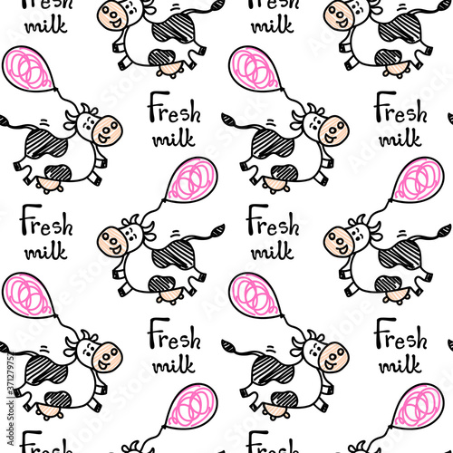 Seamless vector cute Friesian cow pattern in line doodle style with air balloons and Fresh milk lettering. For beef or milk packages or farm concepts, fabric textile prints or backgrounds.