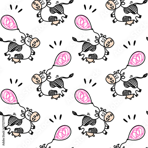 Seamless vector cute Friesian cow pattern in sketch doodle style with funny air balloons. Black and pink colors. For beef or milk packages or farm concepts, fabric textile prints or backgrounds.
